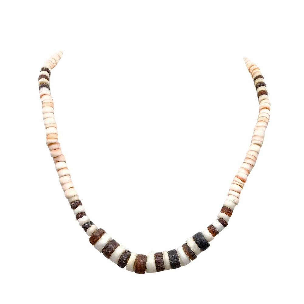 Vintage Shell Heishi Bead Choker Necklace with Brown and White Striped Graduated